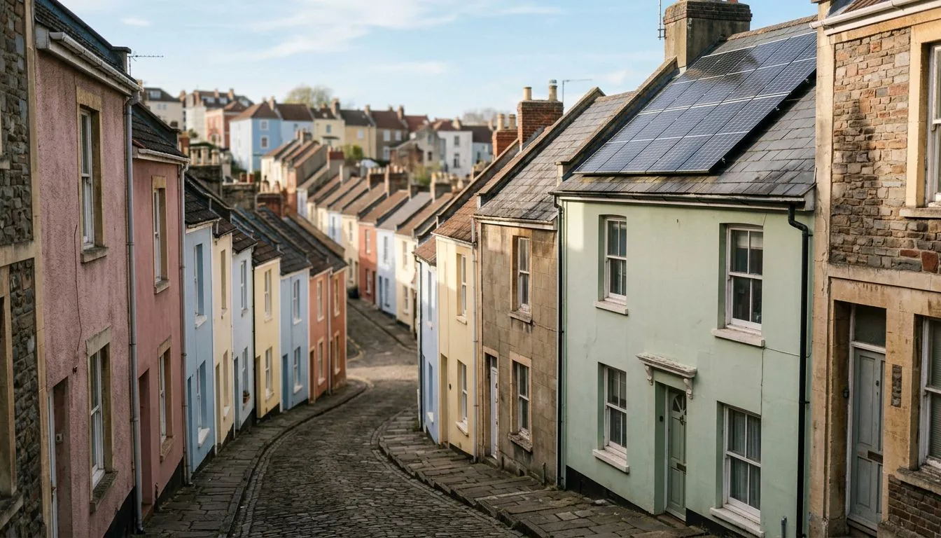 Steep cobbled street lined with brightly painted terraced houses under a summer sky