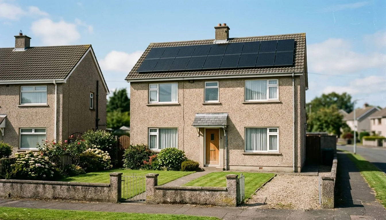 Rendered detached house with a solar panel array, low stone wall and front lawn