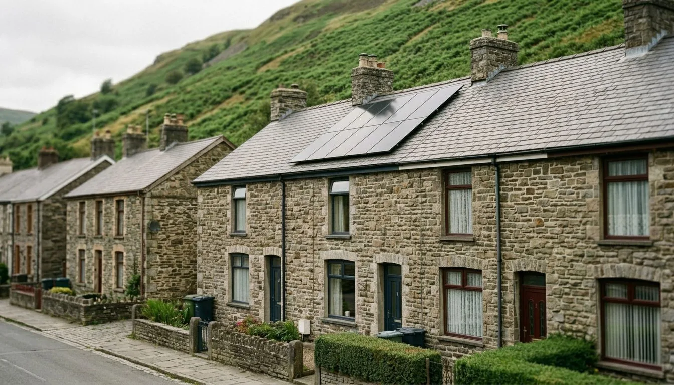 Stone terraced houses with slate roofs and solar panels below a green hillside