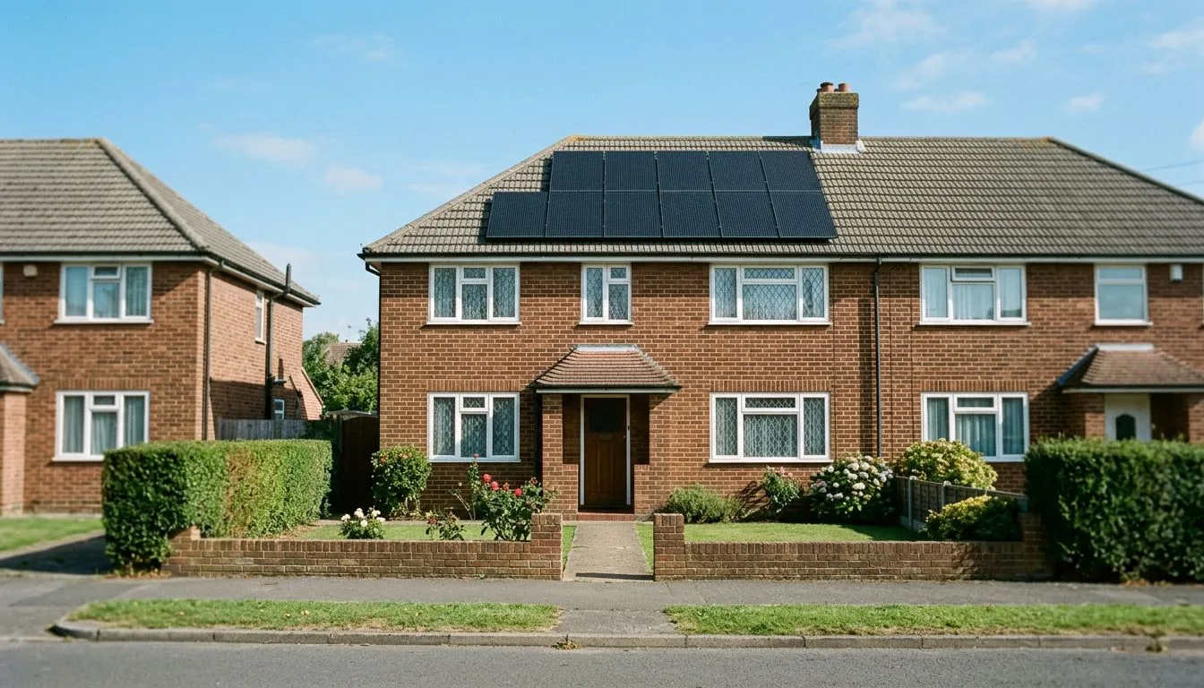 Pair of red-brick semi-detached houses with solar panels on the shared roof